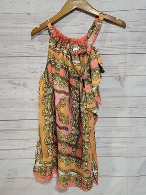 Cache Halter Top Womens Small Scarf Print Orange Pink Gold Tie Neck Vintage Y2K